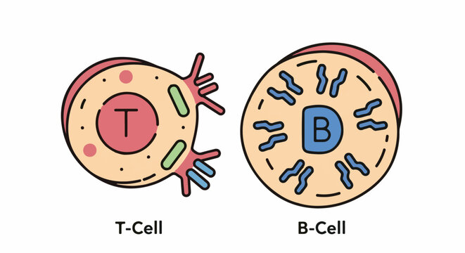 Illustrative diagram of T-cell and B-cell, depicting their distinct cellular structures