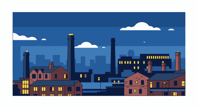 Industrial buildings with smokestacks and lit windows under a dark blue sky