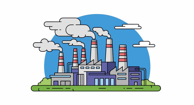 Industrial complex with smokestacks emitting smoke against a blue sky
