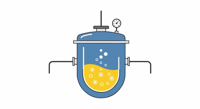 Industrial reaction vessel with bubbling yellow liquid and pressure gauge