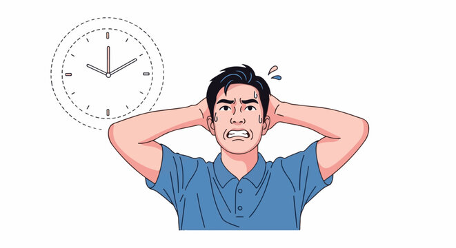 Man in blue shirt with hands on head looking stressed near a clock