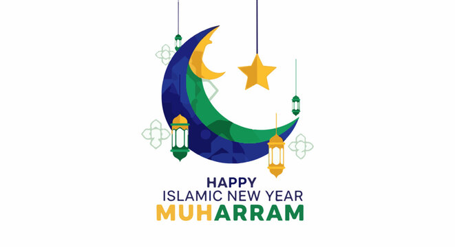 Islamic New Year crescent moon with lanterns, star, and text