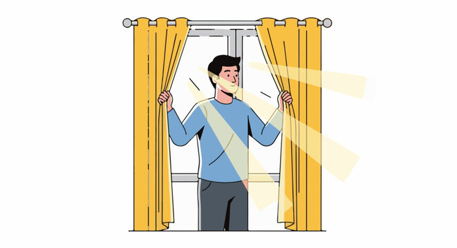 Man opening yellow curtains, letting in bright sunlight through window