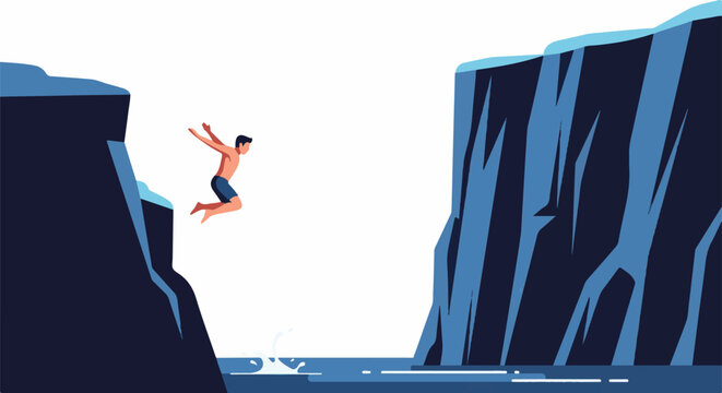 Man cliff diving into blue water, dynamic leap, daring adventure