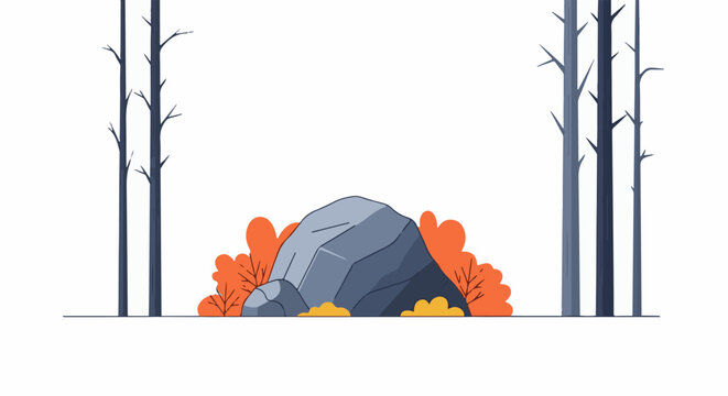 Minimalist forest scene with a grey rock, orange foliage, and bare trees