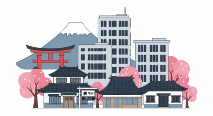 Fototapeta premium Japanese cityscape with traditional and modern architecture, Mt. Fuji