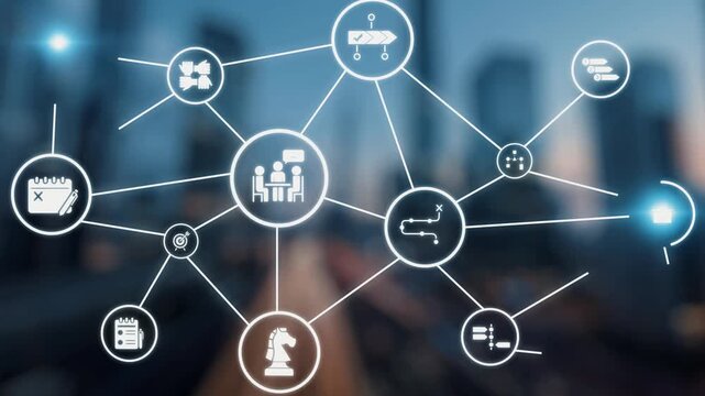 Project planning icons showing business management, teamwork, scheduling, strategic planning, project development, organization, and goal setting with modern workflow and process management. Gist