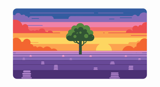 Minimalist landscape with a single tree at sunset over a purple body of water