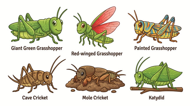 Various insects like grasshoppers and crickets are seen together in a natural setting outdoors.