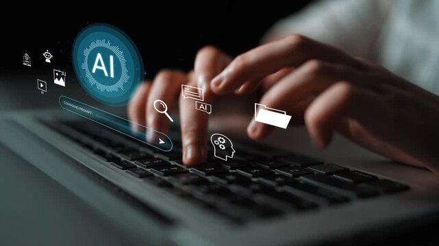 Futuristic Digital Workspace Featuring AI Concept, Hands Typing on Keyboard with Cyber Icons Representing Technology, Innovation, and Research Progress Gluon.