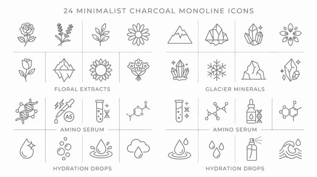 Collection of 24 minimalist charcoal monoline icons representing floral extracts, glacier minerals, amino serum, and hydration drops.