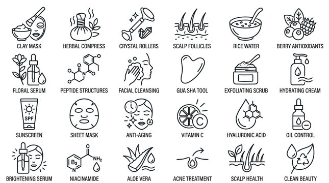 Collection of line icons representing skincare and beauty treatments, including masks, serums, and tools.