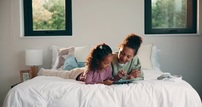 Bedroom, tablet and siblings with high five for teaching, reading support, or bonding in home. Happy, relax and girl with child for well done in online learning, development or educational app
