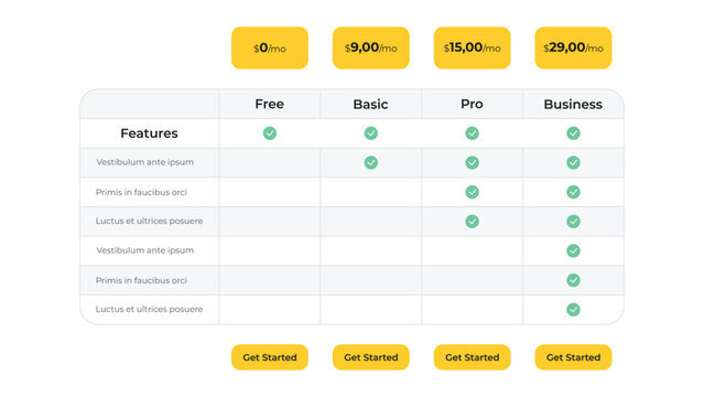 Business Pricing Plans Comparison Table Website UI Template Design