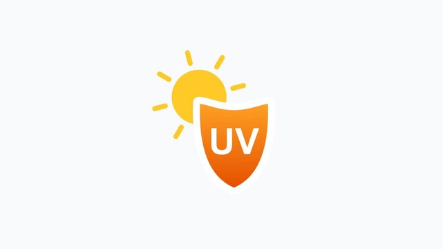 2D animated icon of a protective orange shield with UV text blocking sun rays on a white background. Ideal for skincare protection, sunscreen product promos, and solar safety concepts.