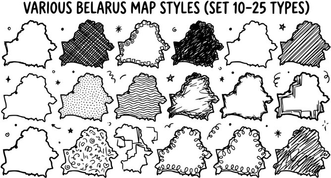 Various Hand-Drawn Belarus Map Styles Collection: Black and White Doodle Outline Art for Geography, Travel, and Educational Projects.