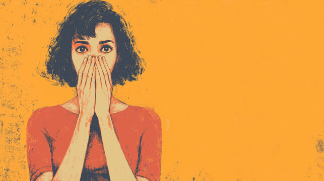 Shocked and Speechless &mdash; Retro Pop Art Female Illustration with Hands Over Mouth on Yellow Background Depicting Surprise, Shock and Disbelief with Copy Space