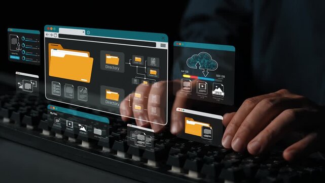 Futuristic Technology Concepts with Hands Using Virtual Keyboard and Digital Interface Overlays for Data Management and Cloud Computing Sigmoid