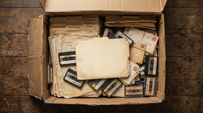 Vintage Archive Storage Box With Letters And Cassette Tapes