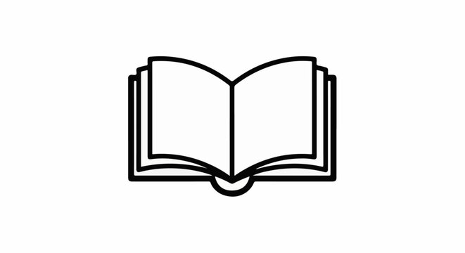 Open black and white outline of an open book with pages and spine