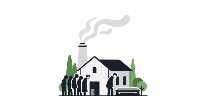 Mourners grieve outside a building with a smokestack, a coffin nearby