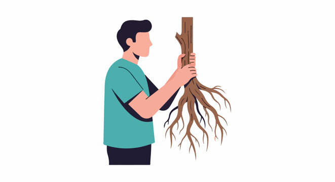 Person holding up a tree sapling with developed roots