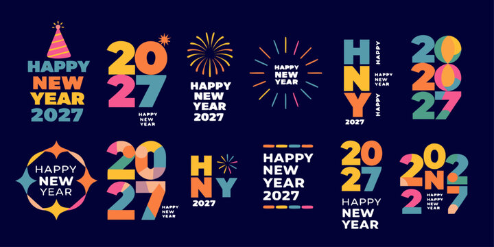 Happy new year 2027 colorful graphic design elements set. collection of modern celebration badges, labels, and logos with party hats and fireworks for future new year festivities
