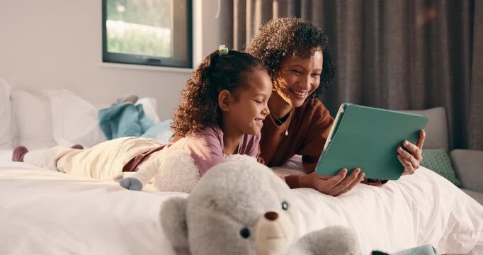 Mother, child and tablet with high five on bed for learning, teaching or online development in home. Success, praise and mom support for kid with digital quiz, test or good answer on educational app