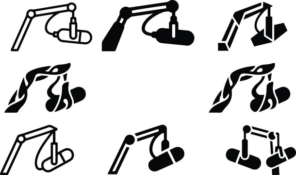 Podcast microphone boom arm icon collection showing studio recording broadcast audio equipment and voice production in black white vector style