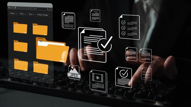 Digital Data Management Concept with Keyboard and Virtual Icons Representing Files, Folders, and Checklists for Modern Work Environments Sigmoid