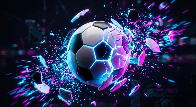 AI generated futuristic exploding soccer ball with glowing neon cyan and purple light effects 