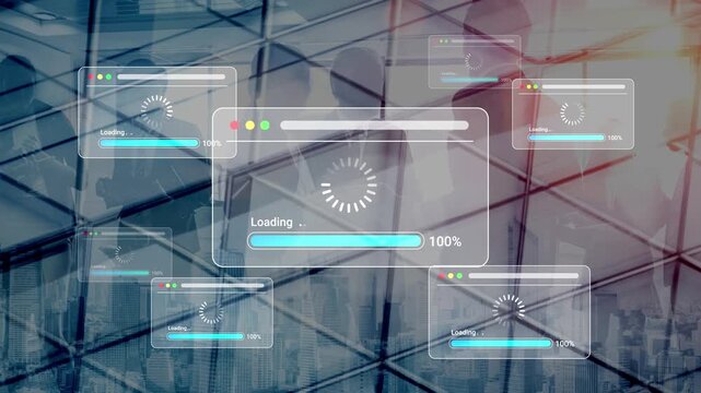 Digital Loading Progress Indicators Over Modern City Background Illustrating Technology, Connection, and Business Workflow Concepts for Stock Photo Use Gluon.