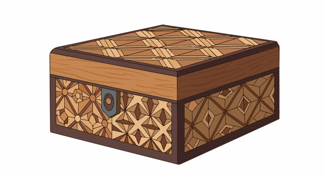 Ornate wooden box with geometric inlaid patterns and latch
