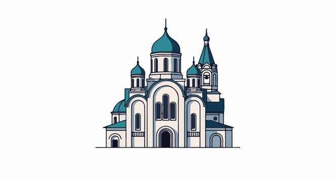 Ornate white church with teal domed roofs and bell tower