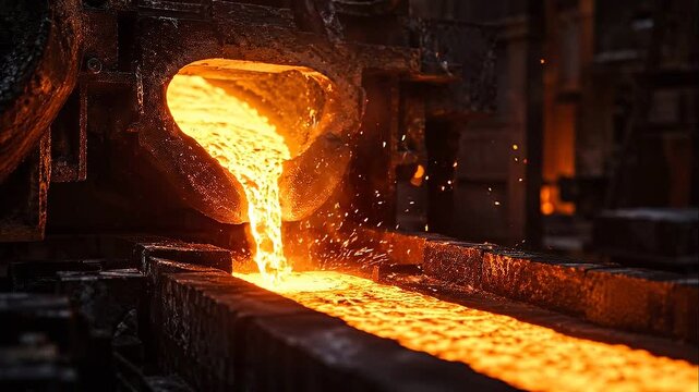 Industrial molten metal pouring foundry casting ladle sparks glow furnace showcasing decarbonization efforts low carbon industrial decarbonization