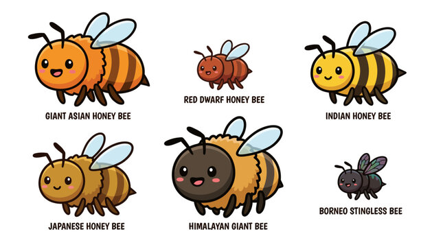 Illustration of various honey bee species in a horizontal row including giant asian, red dwarf, indian, japanese, himalayan giant, and burmese stingless bees