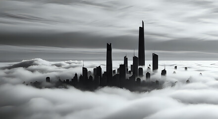 Fototapeta premium Futuristic city skyline silhouetted above clouds monochrome black and white futuristic architecture