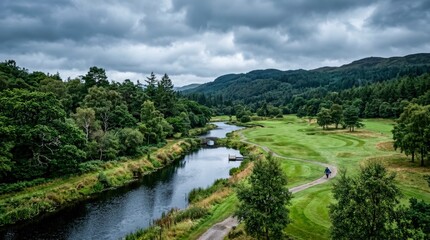 Obraz premium Lush Green Valley with Winding River and Dramatic Cloudy Sky.