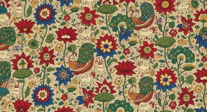 Vibrant Indian Kalamkari Art Textile Pattern with Floral and Bird Motifs.