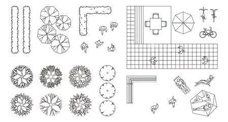 Landscape architecture plan symbols, top view garden design elements vector set, outdoor furniture and tree site plan icons for urban planning © Ali