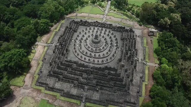 Aerial view of the ancient Borobudur temple in Indonesia.