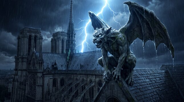 Stone gargoyle perched on gothic cathedral roof during storm