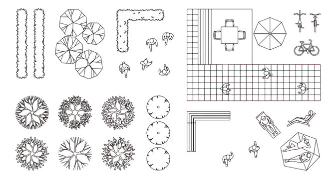 Landscape architecture plan symbols, top view garden design elements vector set, outdoor furniture and tree site plan icons for urban planning