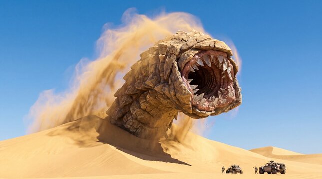 Giant sci-fi sand worm emerging from desert dunes