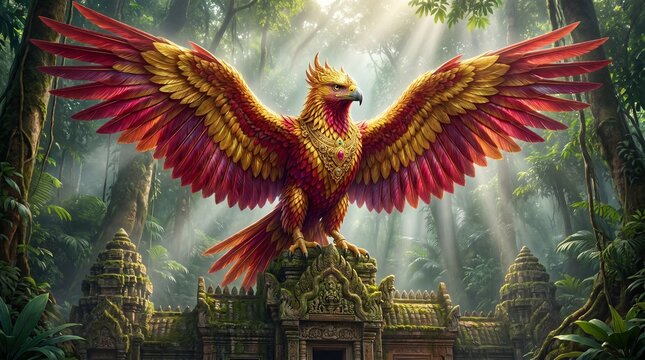 Majestic golden phoenix bird perched on ancient jungle temple ruins