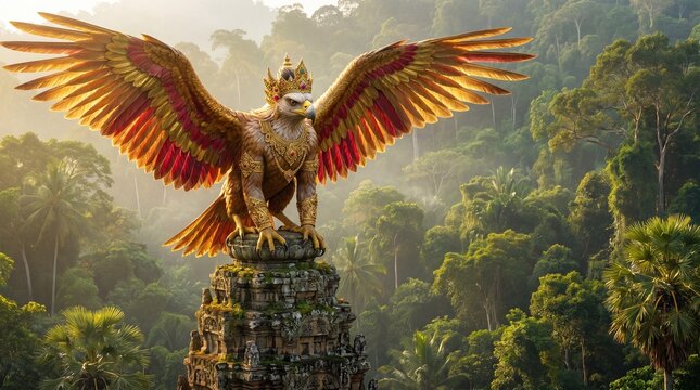 Majestic golden Garuda bird perched over tropical jungle forest