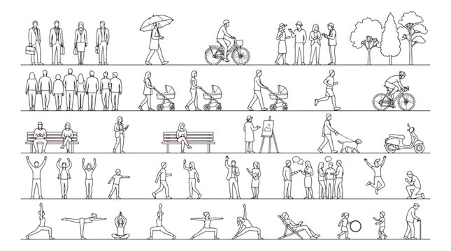 Minimalist architectural people silhouettes, thin line vector set of urban figures, diverse crowd of tiny human scales for site plans and sections