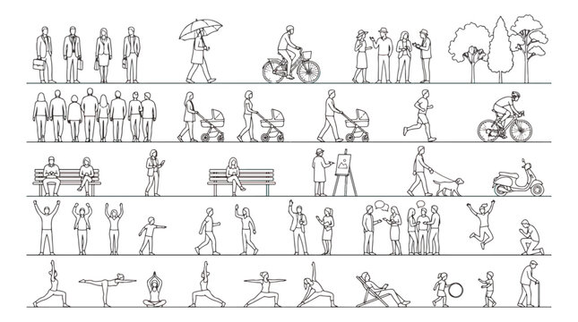 Minimalist architectural scale figures vector set, black outline people silhouettes for urban planning, diverse tiny human characters for elevation drawings