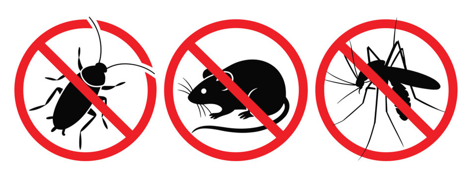 Black Silhouette Insect Pest Icons with Stop Insects Sign Vector Illustration for Mosquito, Rat, Cockroach and Flea Control Concepts