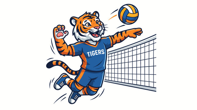 Dynamic Tiger Mascot in Orange Blue Uniform Spiking Volleyball